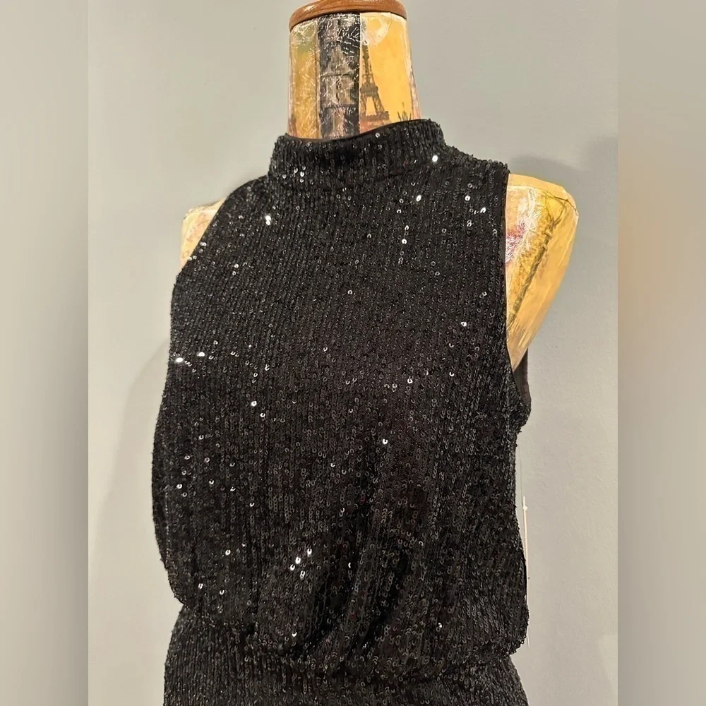Eliza J Mock Neck Feather Hem Blouson Waist Sequin Sleeveless dress black 8P NWT - Picture 4 of 13
